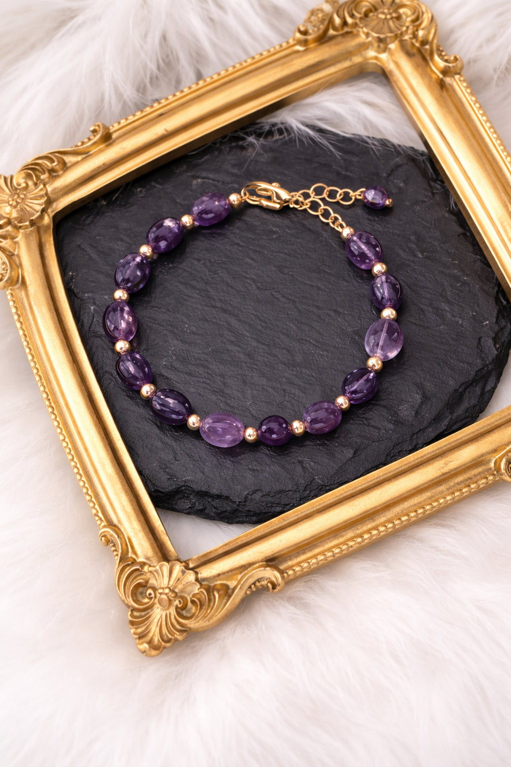 Bracciale in Ametista Naturale Viola | Acciaio Inox Finitura Gold