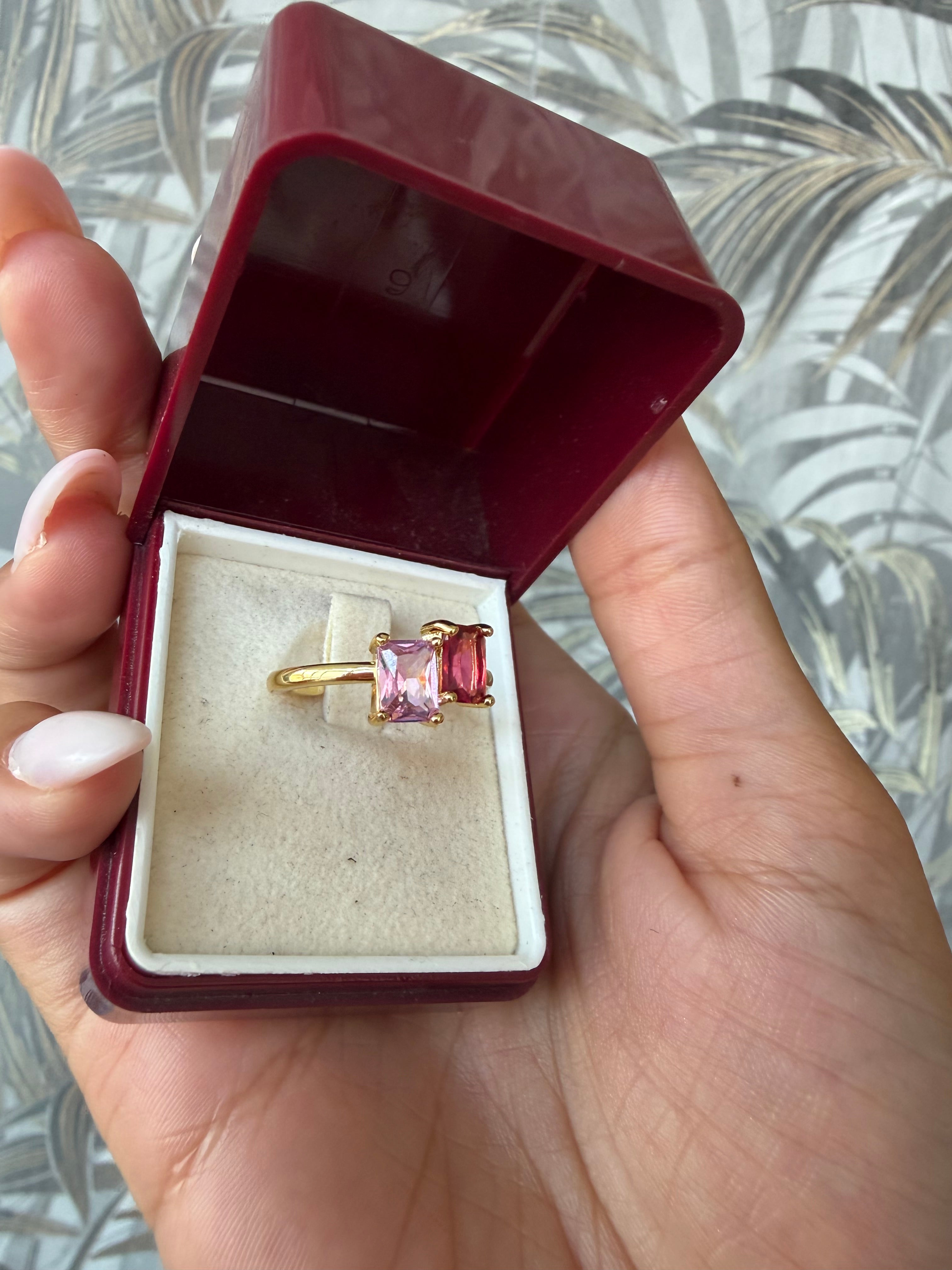 Anello amore coppia Toi & Moi in Acciaio Dorato con Doppia Pietra Rosa