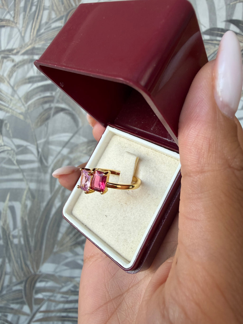 Anello amore coppia Toi & Moi in Acciaio Dorato con Doppia Pietra Rosa