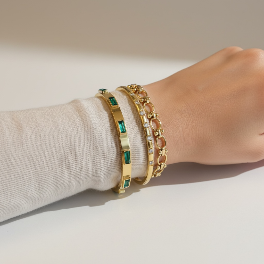 Bracciale Collezione Althea Bangle | Rigido Donna Oro con Pietre Smeraldo Rosa  Acciaio inox