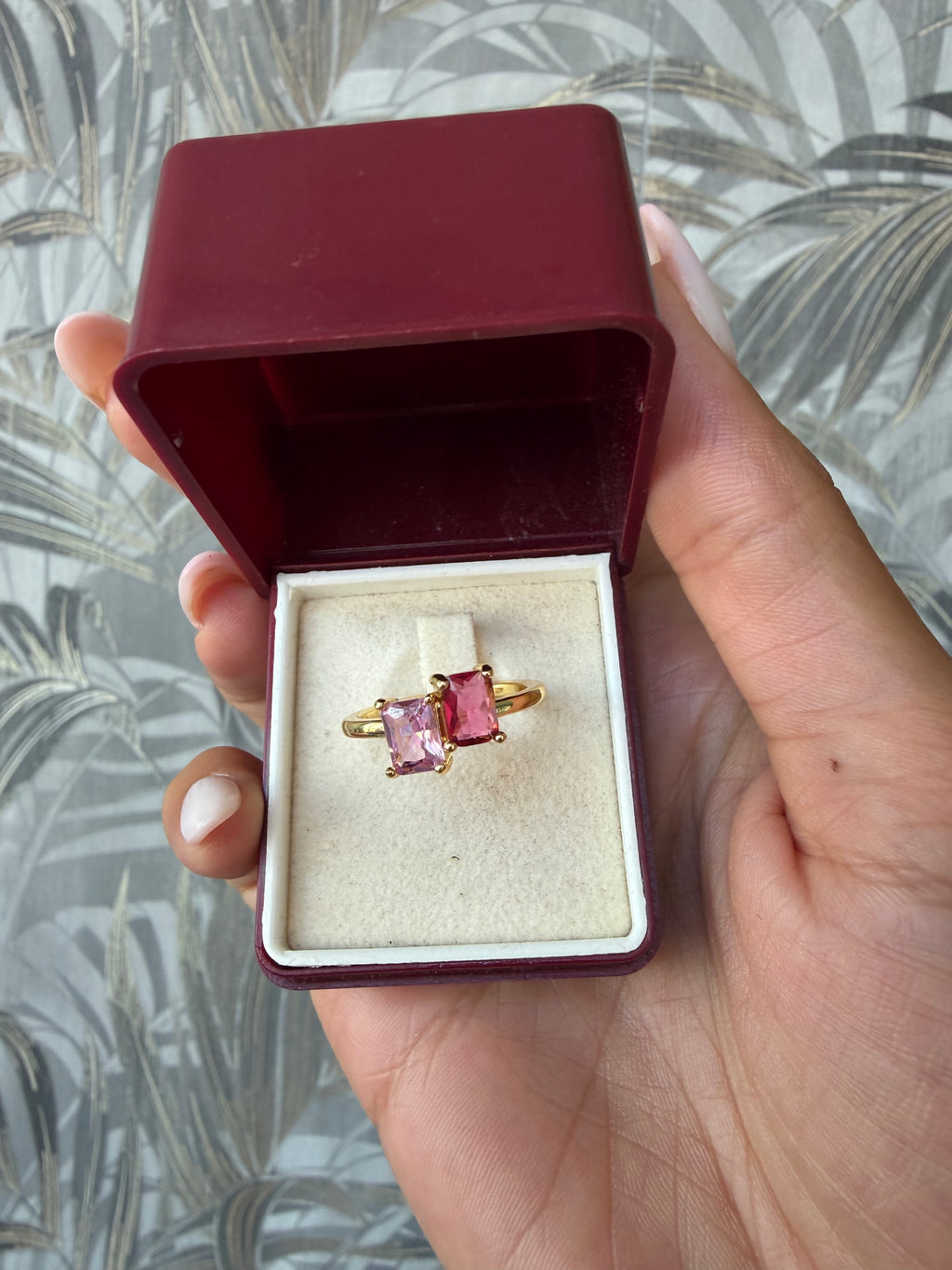 Anello amore coppia Toi & Moi in Acciaio Dorato con Doppia Pietra Rosa