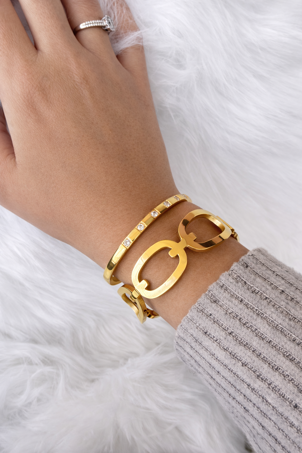 Bracciale in Acciaio Inox Gold con Punti Luce | Design Minimal Luxury Zirconi bianchi