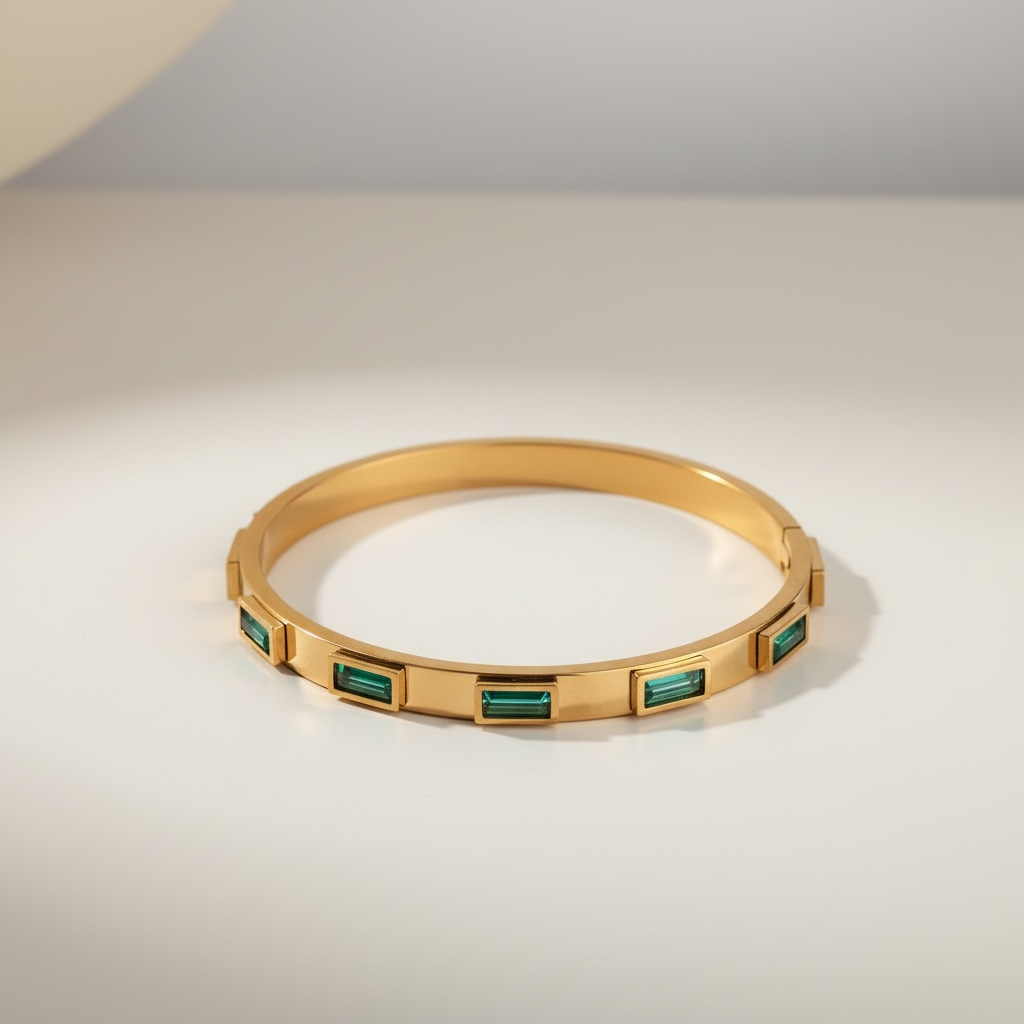 Bracciale Collezione Althea Bangle | Rigido Donna Oro con Pietre Smeraldo Rosa  Acciaio inox