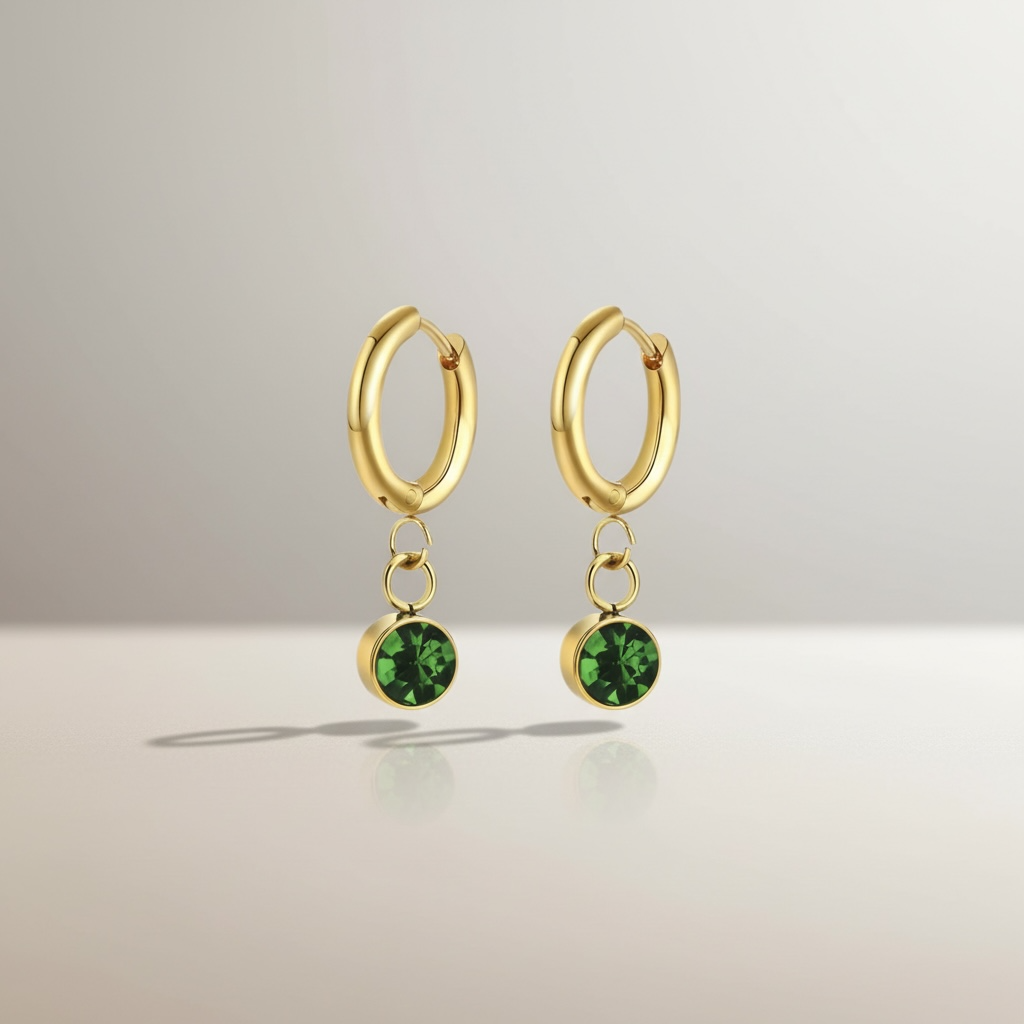 Orecchini Collezione Althea in Acciaio Inox Dorato con Punto Luce Verde – Eleganza Lusso