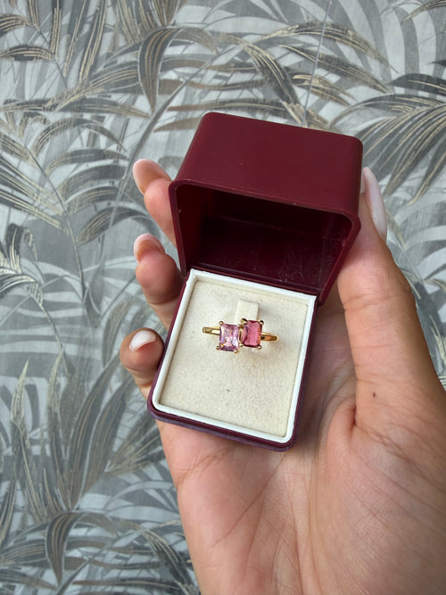 Anello amore coppia Toi & Moi in Acciaio Dorato con Doppia Pietra Rosa