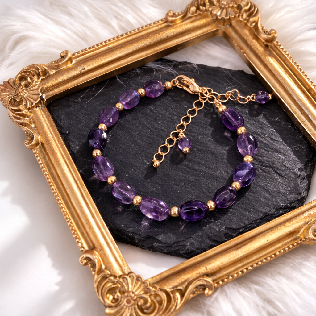 Bracciale in Ametista Naturale Viola | Acciaio Inox Finitura Gold